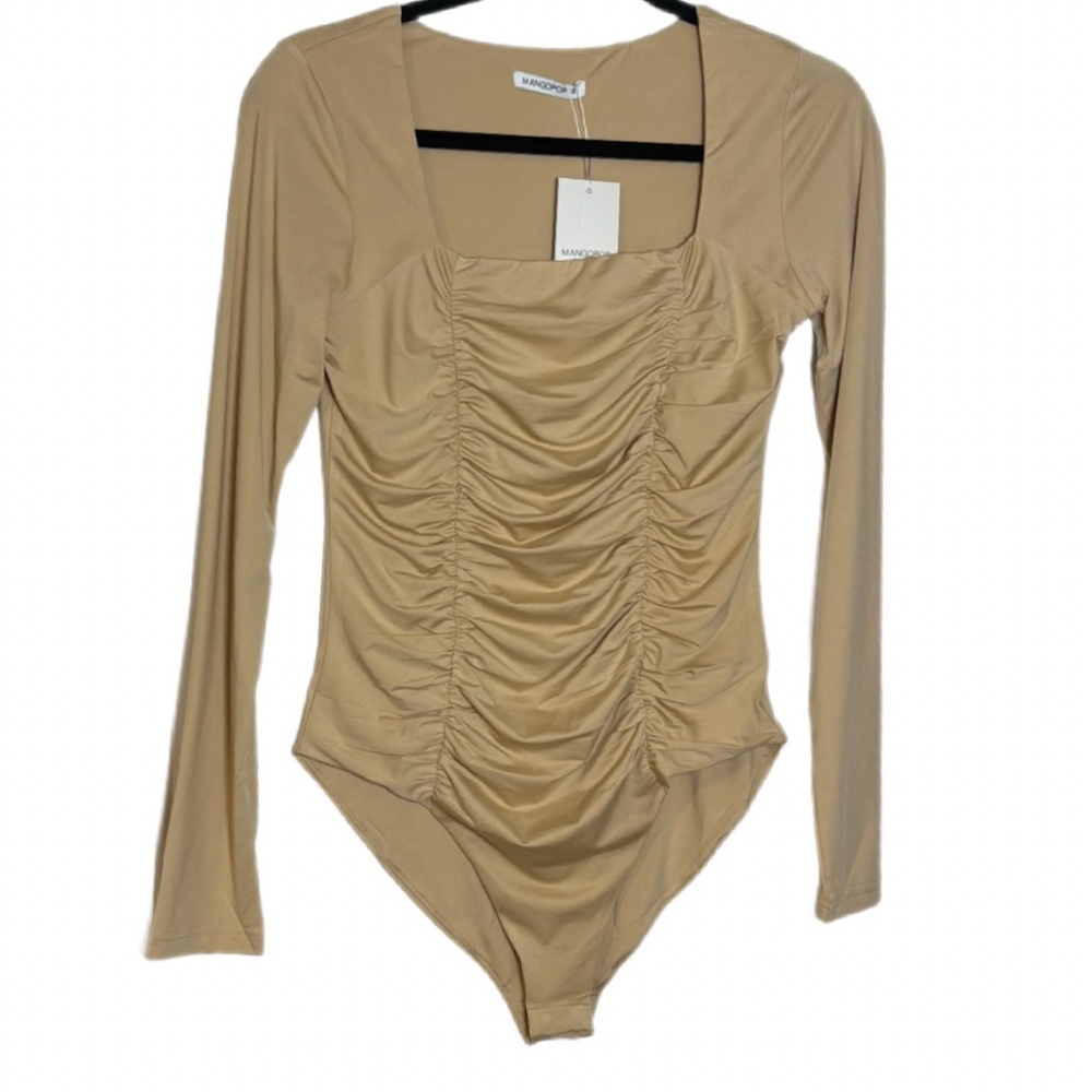 MANGOPOP Square Neck Ruched Double Lined, Beige, NWT, Size Small